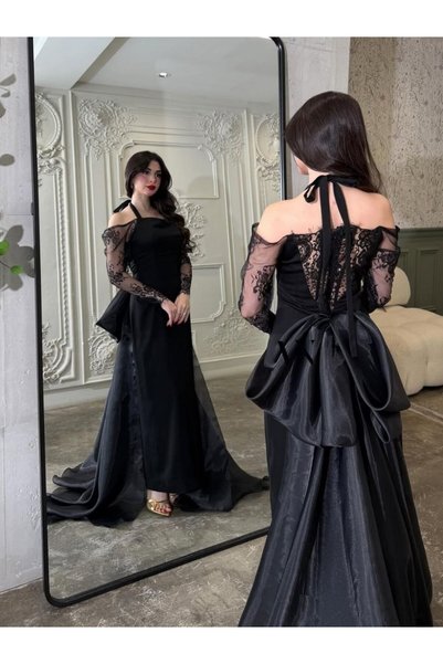 Thara فستان سهرة اسود بأكمام
