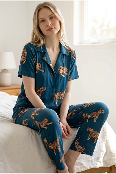 Pijamacs Σετ πιτζάμες με γιακά πουκάμισου με σχέδιο Tigra Petrol Blue Tiger