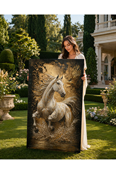 My canvas Premium Seri Gold & Siyah Dokulu Kabartma Efektli At Figürlü Lüks K...
