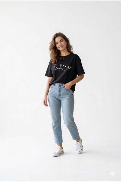 Lizbon Style Women's Oversize 100% Cotton T-Shirt Comfortable Fit Smile Printed T-Shirt - Black