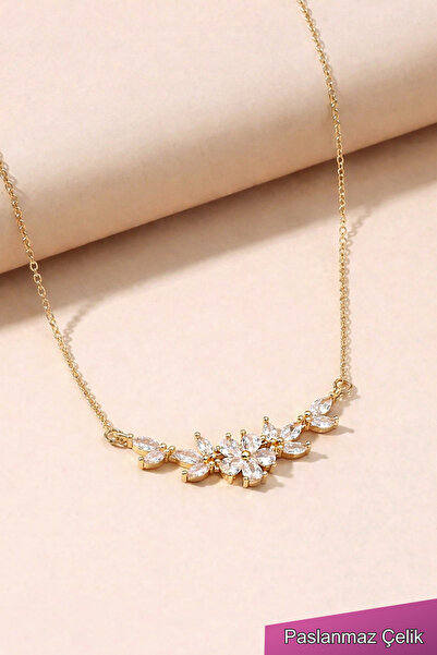 THE Steel Women's Stainless Steel Gold Flower Patterned Stone Necklace