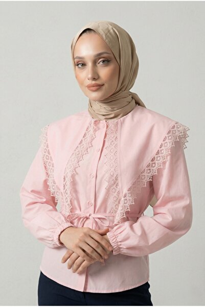 Lunfia Dantelli Geniş Yakalı Poplin Gömlek - Pembe
