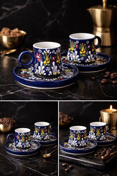 Si Sorti Ceramics El Yapımı Çini Desenli Türk Kahvesi Fincanı 2'li Set