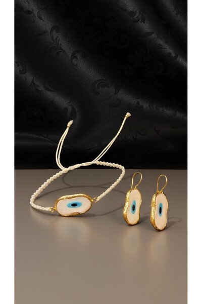 SR Jewelry Box Beyaz Nazar Boncuğu Küpe & Bileklik Seti – Gold Çerçeveli Mini...