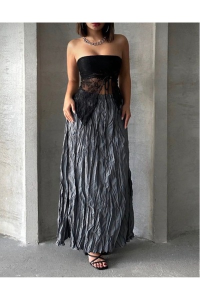 MODA NUR Gri Kırışık Uzun Etek