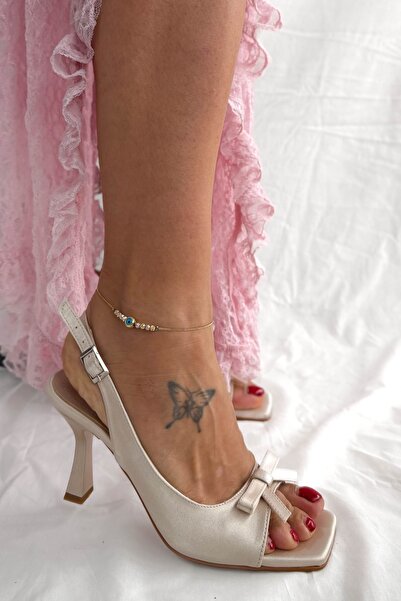 Shoebutik Matilda Beige Satin Bow Detail Women's Heeled Sandals