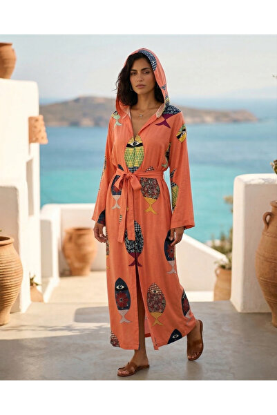 Taşhan Çarşı Bambu Kumaş Kapüşonlu Bornoz & Kimono Yumuşak Dokulu Etnik Desen...
