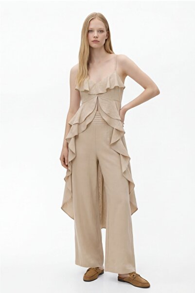 Quzu Ασύμμετρη μπλούζα με τιράντες και βολάν, μπεζ