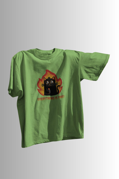 Ninkasiwear تي شيرت "Everything Is Fine" مطبوع عليه قطة مزحة، مقاس كبير للجنس...