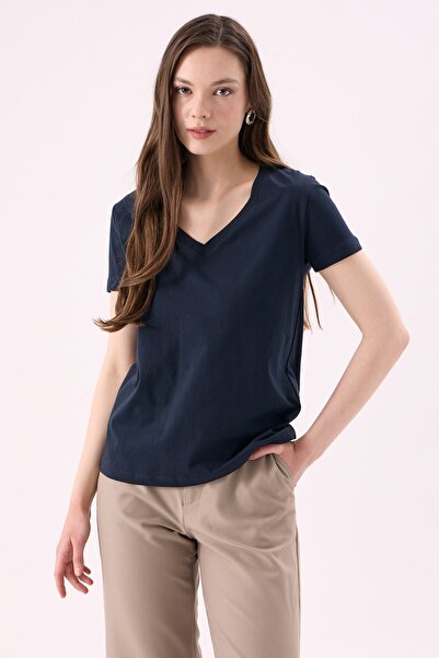CrepTekstil Crep Kadın Basic V Yaka Kısa Kollu T-Shirt Lacivert – Regular Fit...