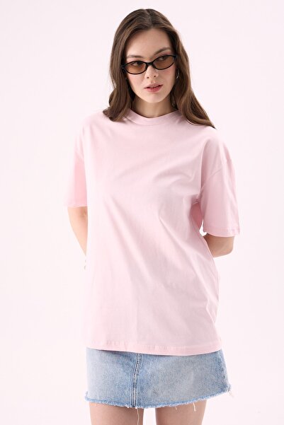 CrepTekstil Tricou oversize pentru femei Crep, cu gât rotund, roz – 100% bumb...