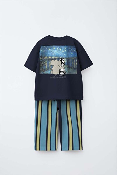 Magu طقم أطفال من القطن باللون الأزرق الداكن مع طباعة لطيفة من ميلو - تي شيرت...