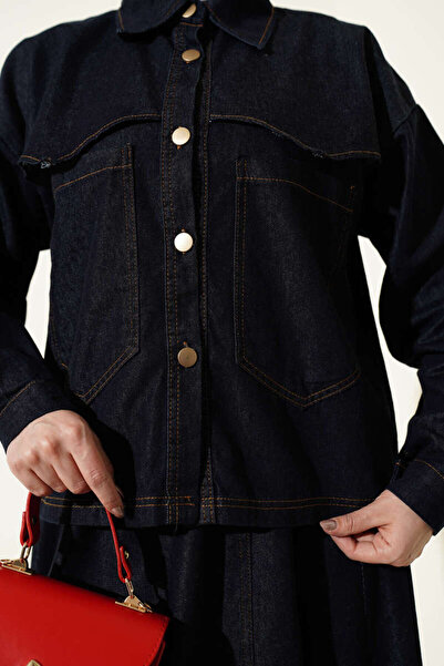 Lavanta Tekstil Double Pocket Denim Jacket and Skirt Two-Piece Set