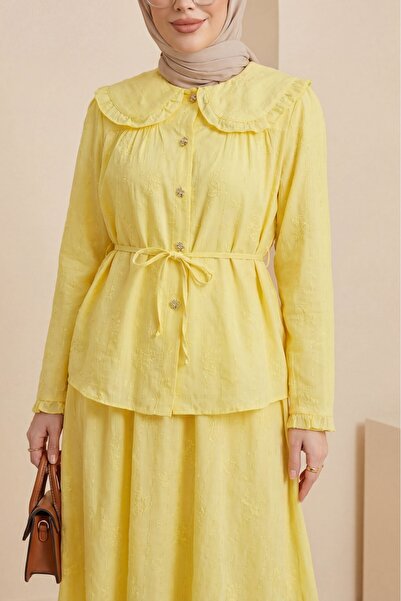 Modamorfo Baby Collar, Lace-Up, Buttoned Skirt, Lined Linen Look Suit - Yellow