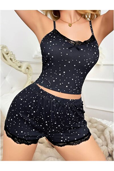 Viselya Star Patterned Suspender Shorts Pajama Set
