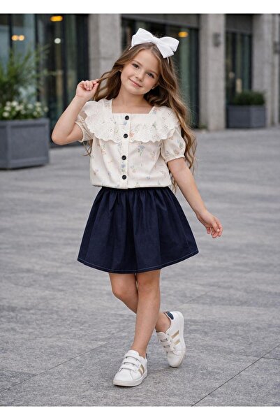 KOKOŞ BEBEK Κοριτσίστικο Σετ με Φλοράλ Σχέδιο, Μπλούζα με Γιακά με Βολάν & Τζ...