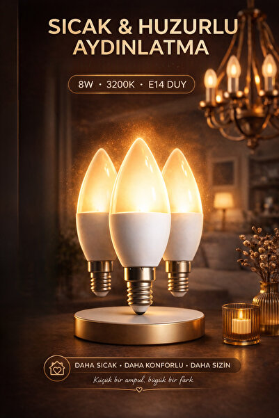 Edison 3 Adet 8W LED Ampul E14 Duy 3200K Gün Işığı Buji Mum Tipi Tasarruflu İ...