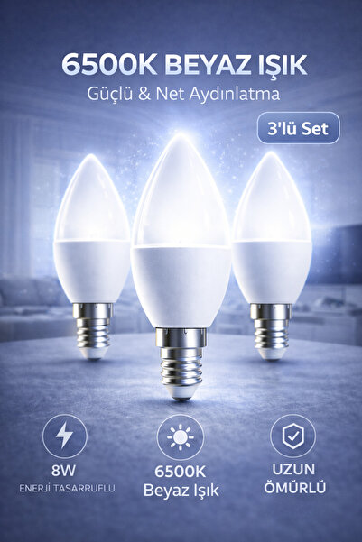 Edison 8W LED Ampul E14 Duy 6500K Beyaz Işık Buji Mum Tipi Tasarruflu İnce Du...