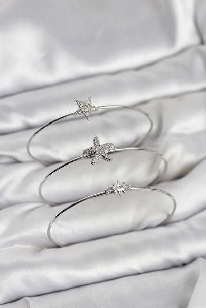 Nehir Stylish Silver Color Zircon Stone Starfish Model 3-Piece Women's Bracel...