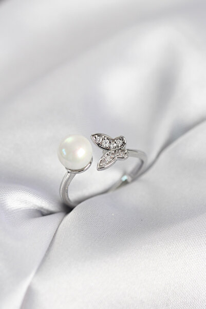 Nehir Stylish Butterfly Pearl Model Silver Color Zircon Stone Women's Ring Te...
