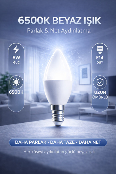 Edison 8W LED Ampul E14 Duy 6500K Beyaz Işık Buji Mum Tipi Tasarruflu İnce Du...