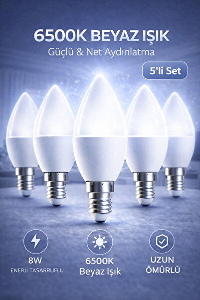 Edison 8W LED Ampul E14 Duy 6500K Beyaz Işık Buji Mum Tipi Tasarruflu İnce Du...