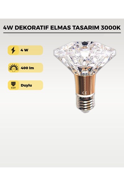 AC AYDINLATMA 4W Dekoratif Kristal Diamond LED Ampul 3000K – Şeffaf Elmas Tas...
