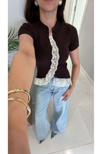 BİRCANÇİL Josle Coffee Short Sleeve Lace Cardigan