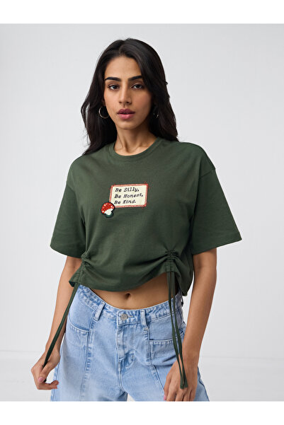 The Souled Store By Styli تي شيرت قطني قصير بلون الزيتون مع تفاصيل مكشكشة