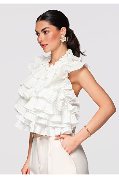 OMBRE Femei Bluză Elegantă OW-TS-E0006 Top cu Volane Moderne Alb