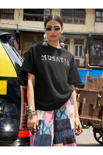 The Souled Store By Styli Black Embroidered Oversized T-Shirt