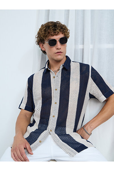 The Souled Store By Styli Men Navy Open-Knit Striped Shirt