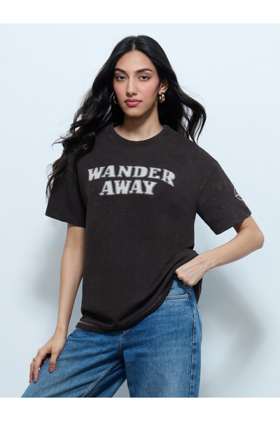 The Souled Store By Styli Black Washed Cotton Oversized T-Shirt
