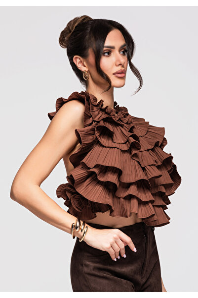 OMBRE Femei Bluză Elegantă OW-TS-E0006 Top cu Volane Moderne Maro