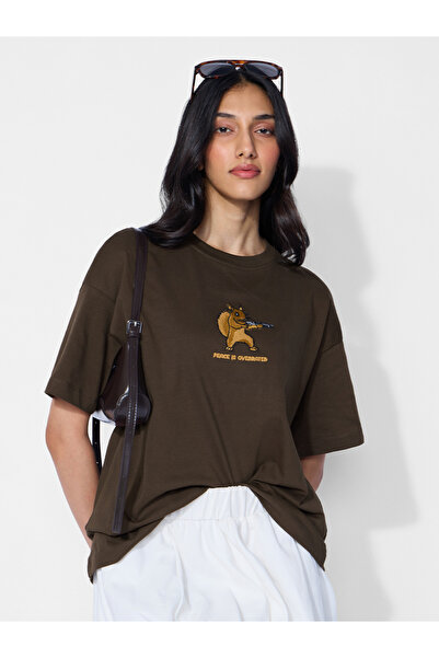The Souled Store By Styli تي شيرت قطني بني كبير الحجم
