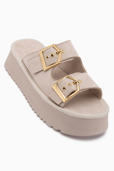 Limoya Γυναικείες παντόφλες Jenet Beige Suede με διπλό λουράκι