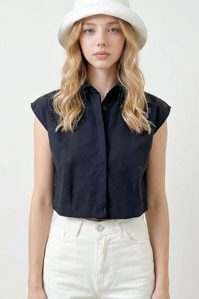 bacc Μαύρο αμάνικο καλοκαιρινό υφαντό πουκάμισο από ποπλίνα