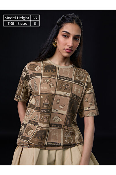 The Souled Store By Styli تي شيرت بني بطباعة شاملة ومقاس كبير