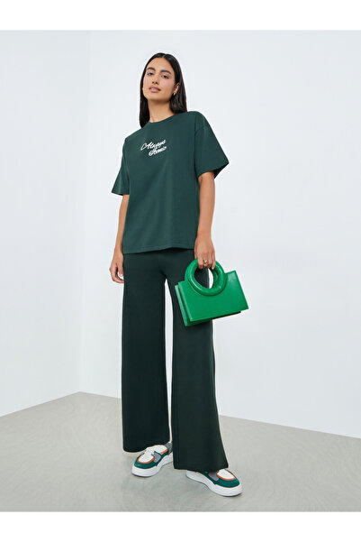 Styli Dark Green Slogan Print Oversized T-Shirt