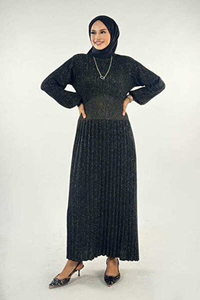 Bym Fashion Beli Lastikli Simli Triko Elbise 18322 Siyah-Gold