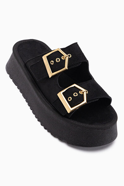 Limoya Γυναικείες παντόφλες Jenet Black Suede με διπλό λουράκι