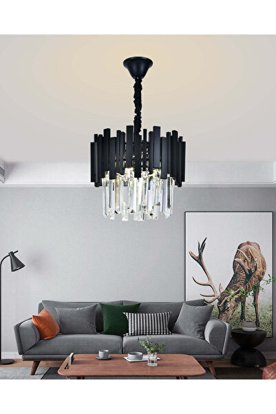 RFAN Chandelier, Model WL339/300, Crystal Texture, Metal, 3 x E27, Black