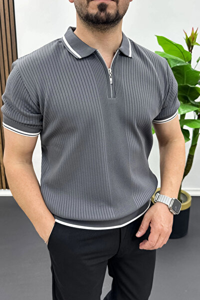 Edwox Ανδρικό μπλουζάκι πόλο με ριγέ λαιμόκοψη και σχέδιο καπνιστό Edw472
