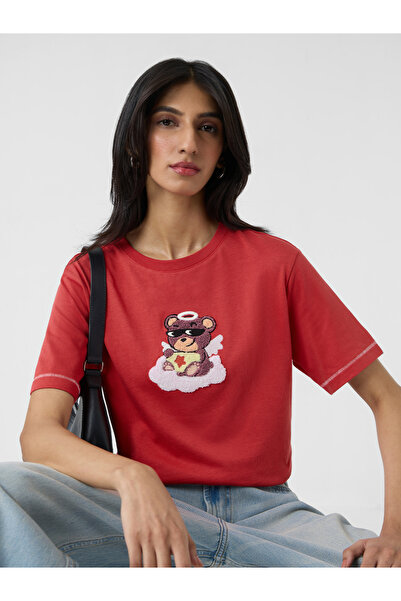 The Souled Store By Styli Red Teddy Embroidered Relaxed Fit T-Shirt