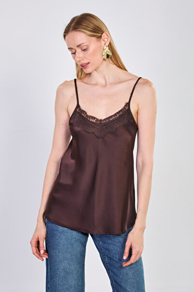 BARRELS AND OIL Γυναικεία Σατέν Μπλούζα με Δαντέλα στο Μπροστινό Μέρος και Τι...