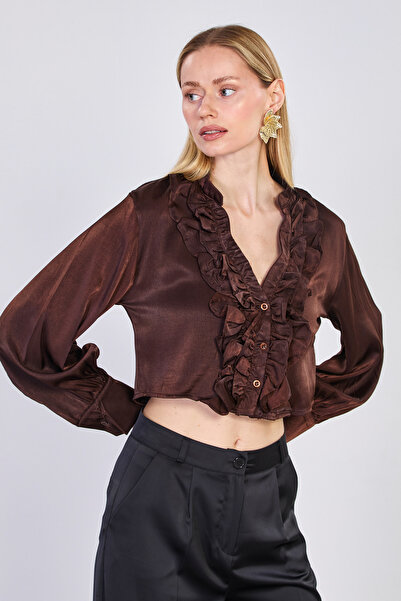 BARRELS AND OIL Γυναικεία σατέν κοντή μπλούζα με βολάν στο μπροστινό μέρος - ...