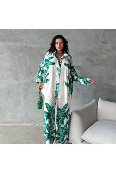 Zaghou Tropical Leaf Print Two-Piece Shirt and Pant Set