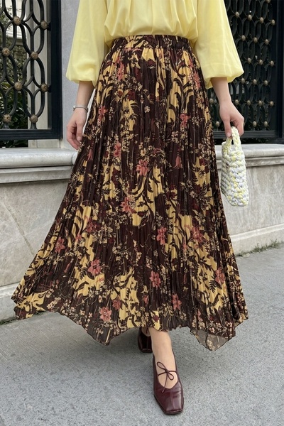 InStyle Ασύμμετρη φλοράλ φούστα σε απόχρωση καφέ