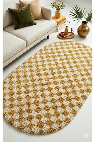 EUROBANO Χαλί δαπέδου με σχέδιο Chess Dama, οβάλ, σε χρώμα κόκαλο-σολομόν, γι...