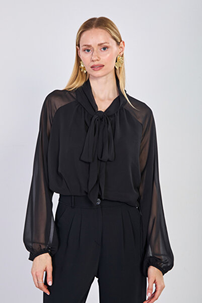 BARRELS AND OIL Γυναικεία μπλούζα σιφόν με δέσιμο στο γιακά - Μαύρο